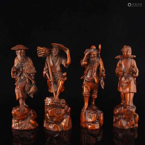 A Set Four Vintage Chinese Boxwood Wood Figure Statues