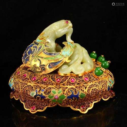 Gilt Gold Hetian Jade Inlay Gems Divine Beast Statue w Gold ...