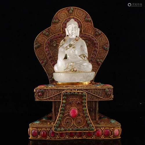 Superb Vintage Buddhism White Crystal Buddha Statue w Silver...