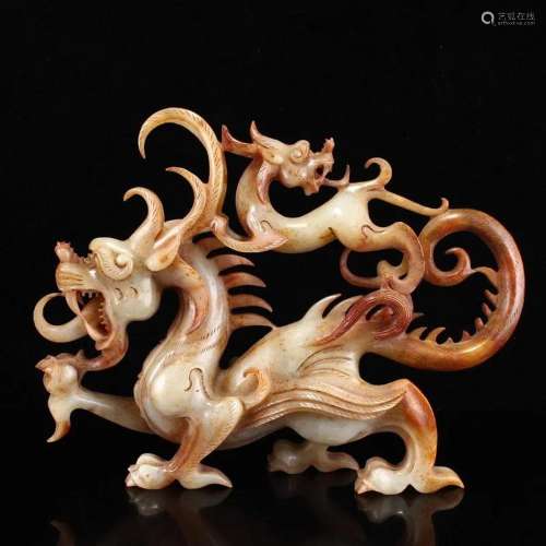 Superb Openwork Chinese Hetian Jade Dragon Statue