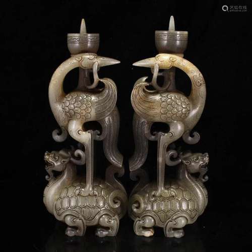 A Pair Old Chinese Hetian Jade Dragon Turtle & Crane Can...