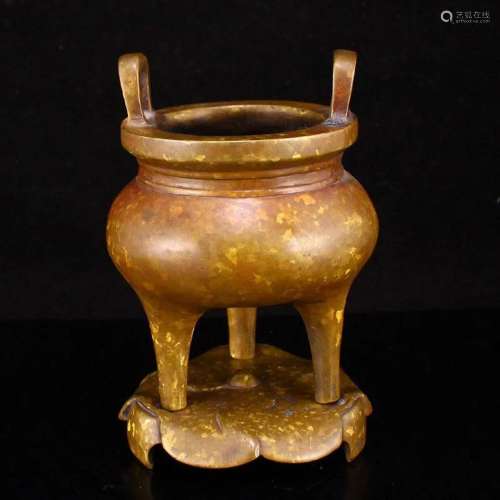 Chinese Spot Copper 3 Legs Double Ears Incense Burner w Base