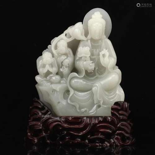 Superb Chinese Hetian Jade Kwan-yin & Fortune Kids Statu...