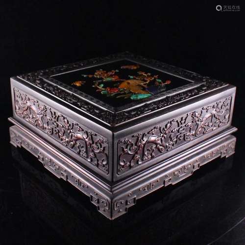 Superb Chinese Zitan Wood Inlay Shell & Gem Jewelry Box