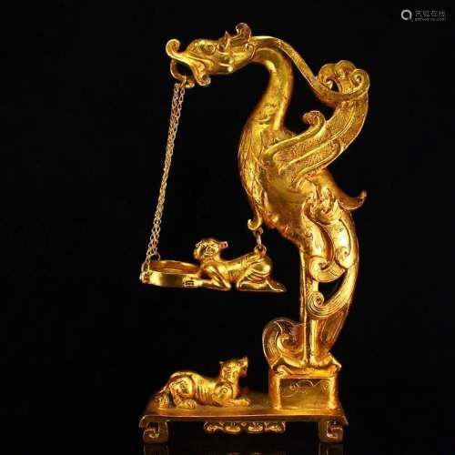 Vintage Chinese Gilt Gold Bronze Phoenix & Figure Candle...