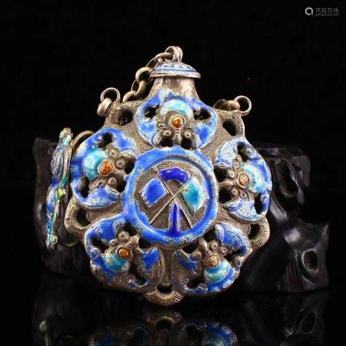 Openwork Vintage Chinese Pure Silver Enamel Five Fortune Bat...