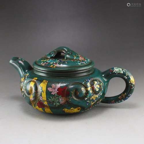 Chinese Green Ground Famille Rose Zisha Clay Teapot w Artist...