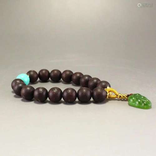 Chinese Wood Bead Bracelet With Green Hetian Jade Leaf Penda...