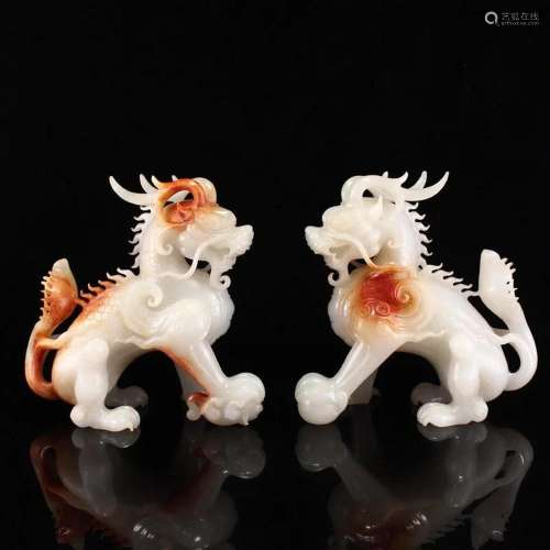 A Pair Superb Hand Carved Chinese Hetian Jade Draons Statue