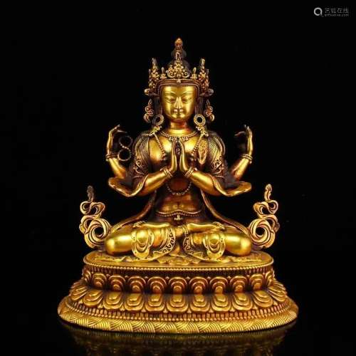 Buddhism Gilt Gold Bronze Four Arm Kwan-Yin Statue