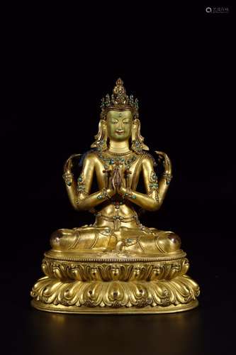 Guanyin cave: copper gold treasure four arms13 cm long and 1...