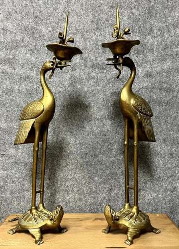 Pair of large candlesticks - Bronze - Vietnam - Late 19th - ...