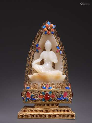 Hotan white jade Buddha, the Buddha of silver and gold inlai...