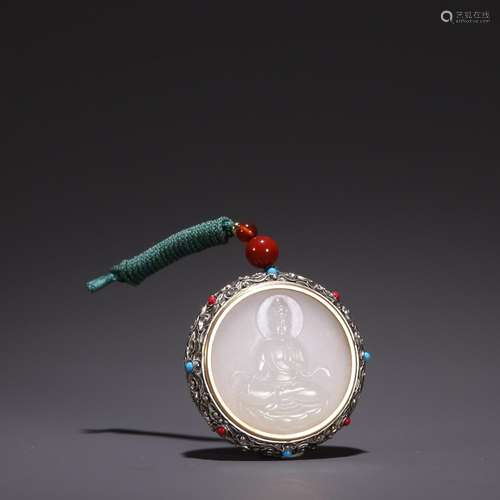 old silver inlaid with hetian jade guanyin transit cardSpeci...