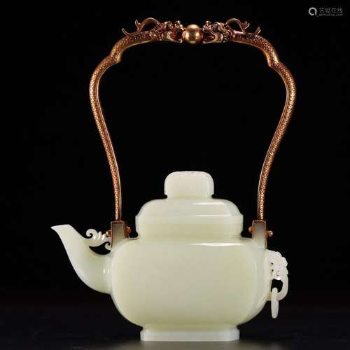 : hetian jade dragon playing a pearl gold girder flower potW...