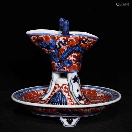 Blue and white alum red dragon grain goblet 16 x17. 6