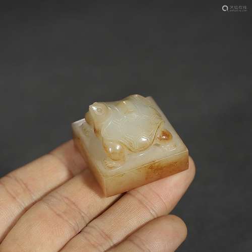 Ancient hetian jade longevity turtle button four sides sealS...