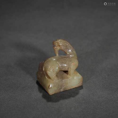 Ancient hetian jade longnu button four sides sealSpecificati...