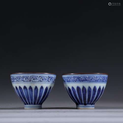 Blue and white tie up branch lotus flower grain cup a couple...