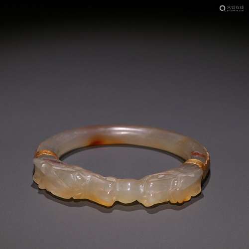 Liao, old agate wrap large gold dragon playing bead bracelet...