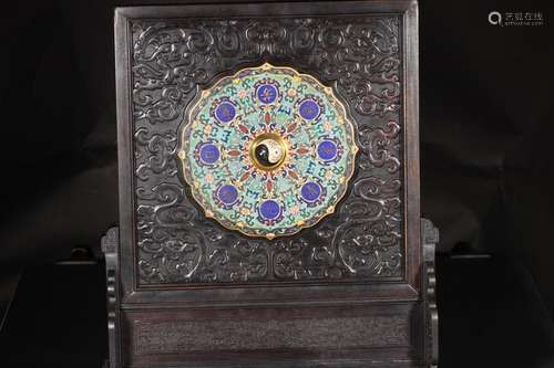 W number 10858: rosewood cloisonne inlaid bronze plaque50 cm...