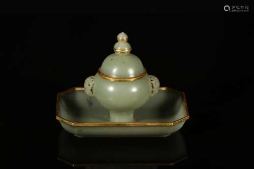 : hetian jade incense burner plated with gold15 cm long, 11 ...