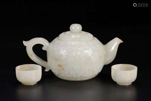 And hetian jade branch flowers lines teapot three-piece suit...