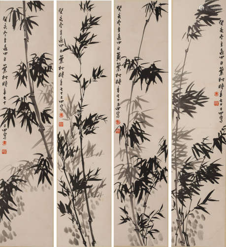 黄叶村 癸亥（1983年）作墨竹四屏（lot117-140为海外同一藏家旧藏） ...