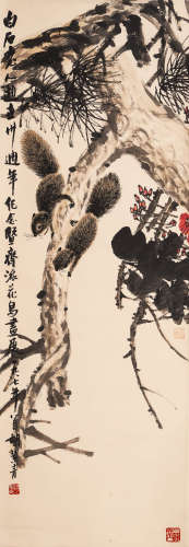 胡絜青 1987年作松鼠寿石图 纸本设色 立轴