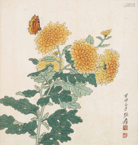 张大千 甲申（1944年）作菊花 纸本设色 镜芯