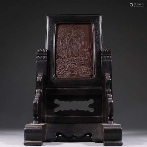 Red sandalwood base with green landscape character screen of...