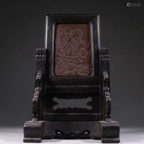 Red sandalwood base with green landscape character screen of...