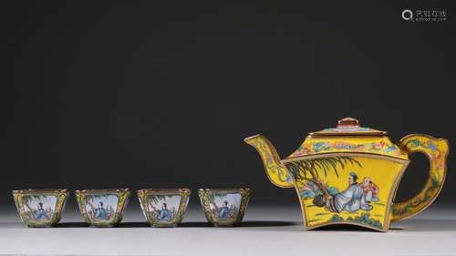 Stories of painted enamel teapot a set gold yellow.Specifica...