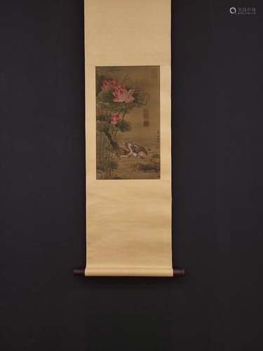 Heart size 27.3 x48.3 cm Zou Yigui silk scroll painting of f...