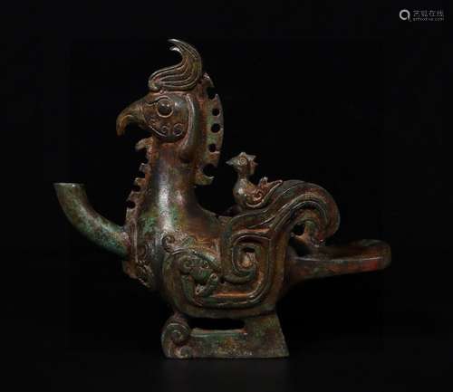 War _ bronze phoenix grain pot.Weighs 2320 grams, 25 cm long...