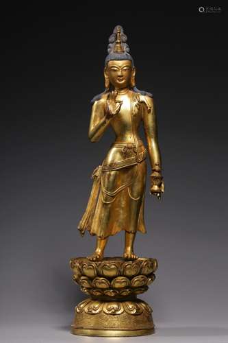 , copper maitreya stands resemble33.7 cm high, 9.3 cm diamet...