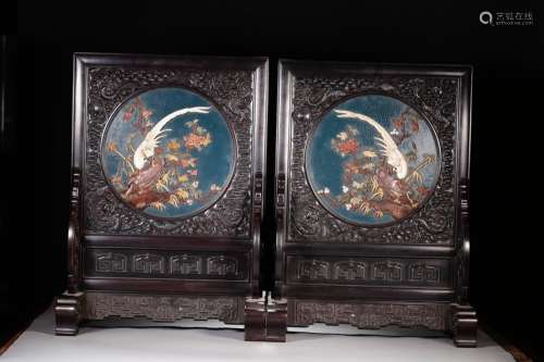 Tolacquer, blue treasure figure plaque pair of flowers and b...