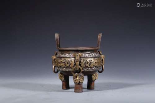 Copper, silver and gold inlaid therefore dragon tripod furna...