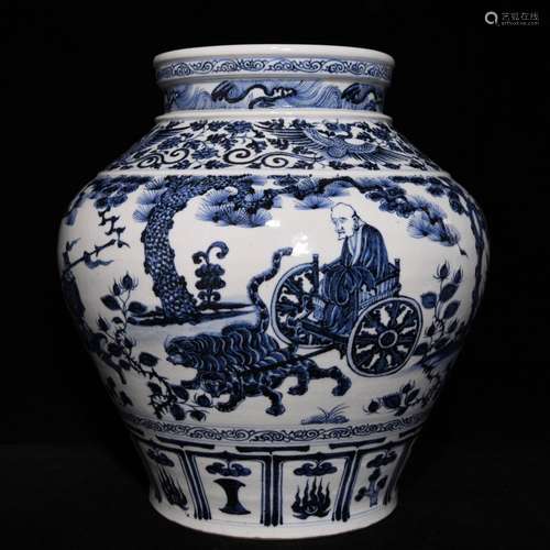 Blue and white figure pot 35.5 x38 guiguzi down the mountain