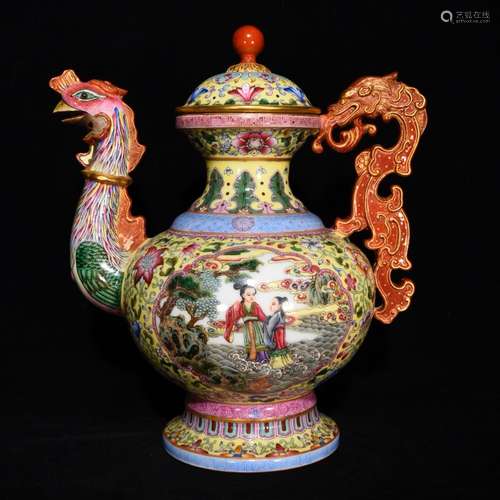 Stories of colored enamel grain crested pot, 28 x 24,