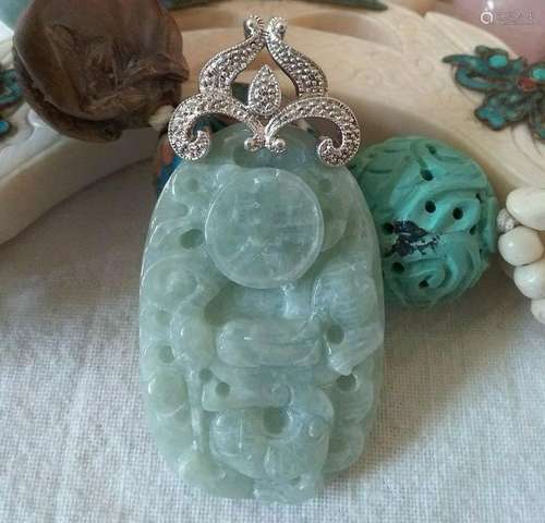 Vintage Carved Jade & Sterling Silver Signed Dragon Ladi...