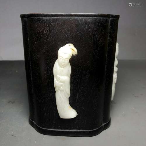 Chinese Natural sandalwood Inlaid Jade Handmade Exquisit Bru...