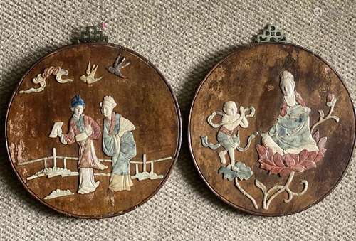 Antique CHINESE WOOD PANEL Inlaid with SEMI PRECIOUS STONES ...