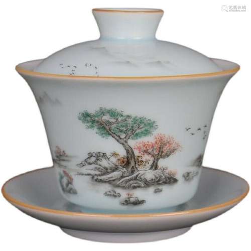 Chinese Famille Rose Porcelain Landscape Design Teacup Cup w...