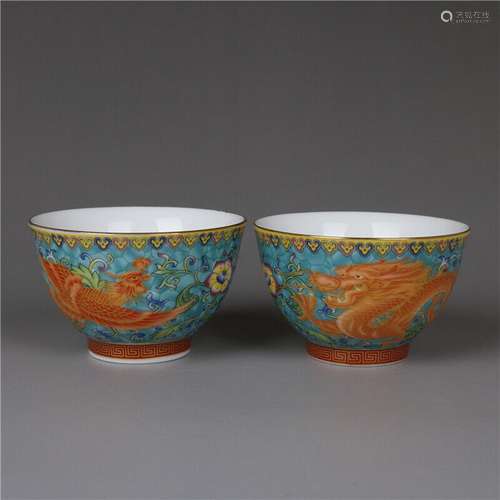 A Pair Chinese Enamel Porcelain Qing Qianlong Dragon Phoenix...