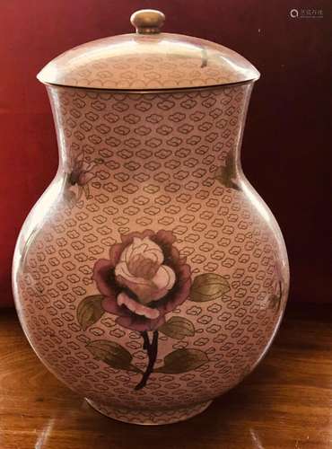 LARGE VINTAGE CLOISONNÉ COVERED JAR, RARE PINK COLOR, 23” CI...