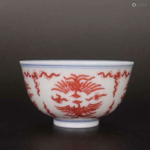 Chinese Alum Red Color Porcelain Ming Chenghua Phoenix Teacu...