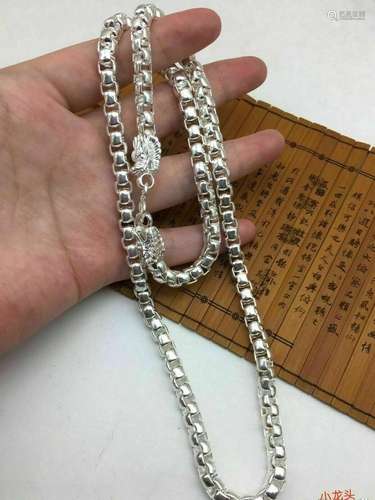 China old Tibet silver carving Double Dragon Necklace long c...