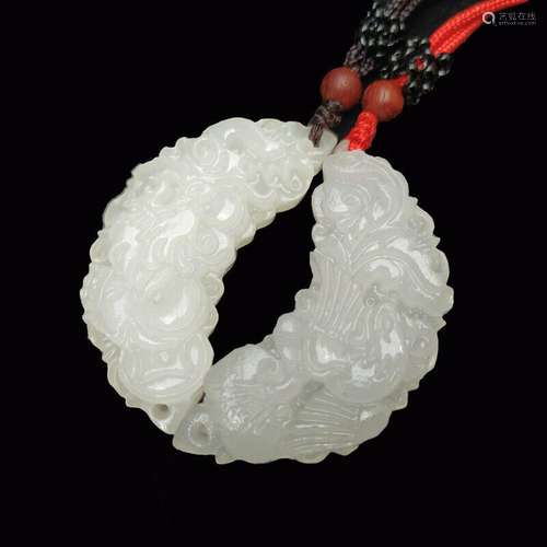 Chinese Antique White Jade Dragon and Phoenix Pendant for Me...