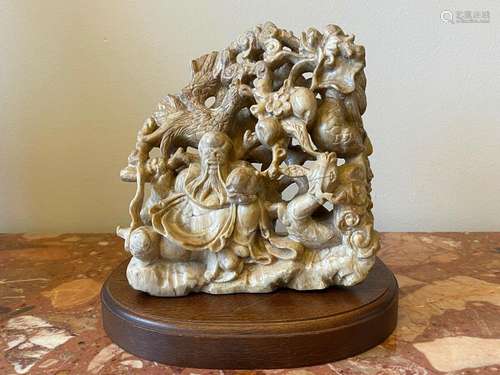 Vintage Chinese Hand-Carved Stone Immortal with Peach Tree G...